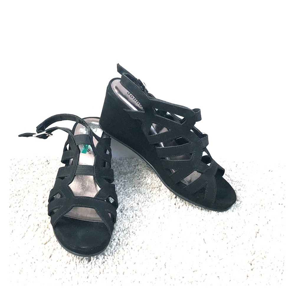 Dollhouse Black Strappy Wedges